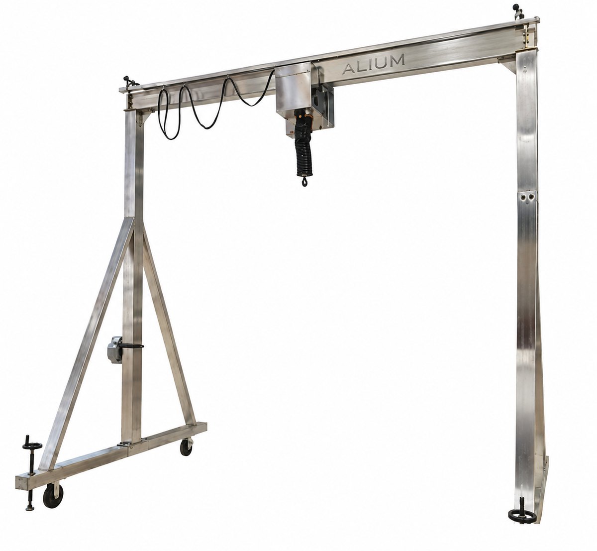 Motorized trolley, electric hoist and freestanding aluminum gantry crane accessories