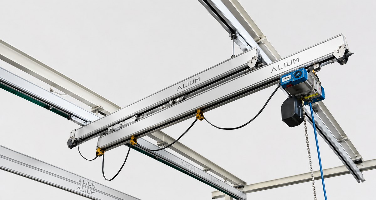 Lightweight aluminum overhead crane system installed in a manufacturing plant